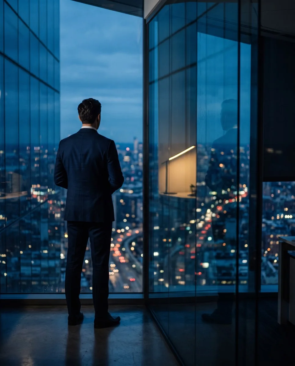 Profissional diante da janela de um alto edifício corporativo ao anoitecer